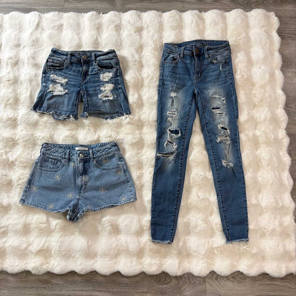 AmericanEagle|Pacsun denim shorts & skinny jean in ripped blue embroider daisy 0